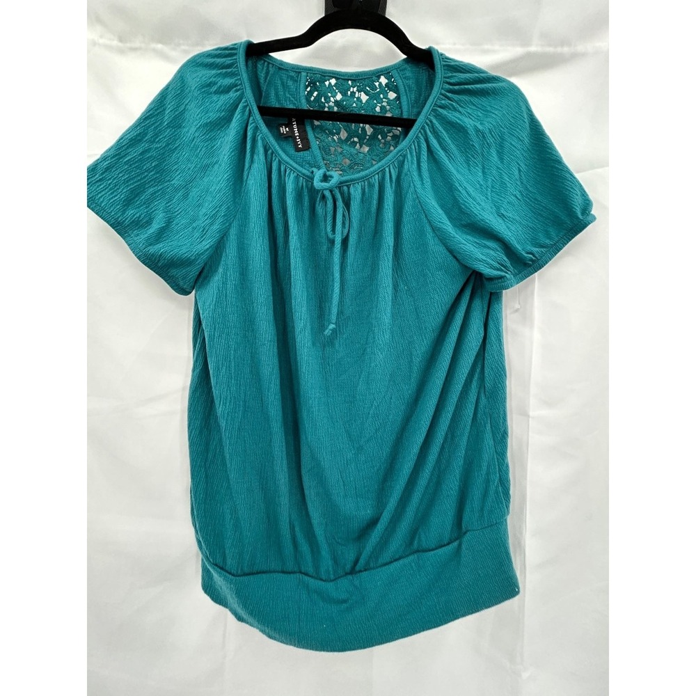 FORTUNE‎ + IVY Women's Teal M Top Crochet Back Tie Front Polyester Blouse